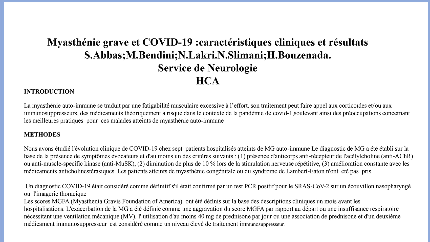 Myasthénie grave et COVID-19 :caractéristiques cliniques et résultats