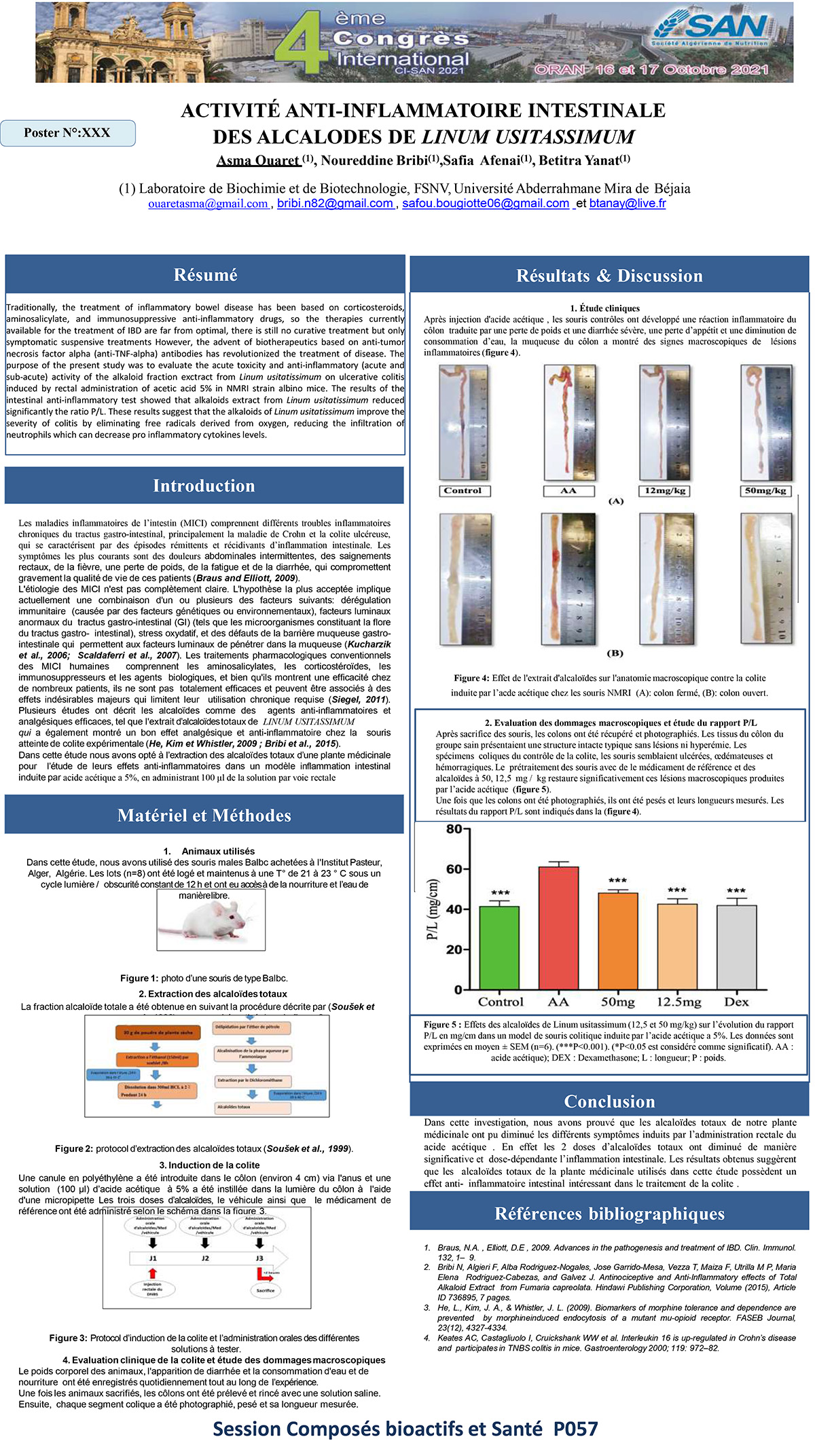 P057 : ACTIVITÉ ANTI-INFLAMMATOIRE INTESTINALE  DES ALCALODES DE LINUM USITASSIMUM