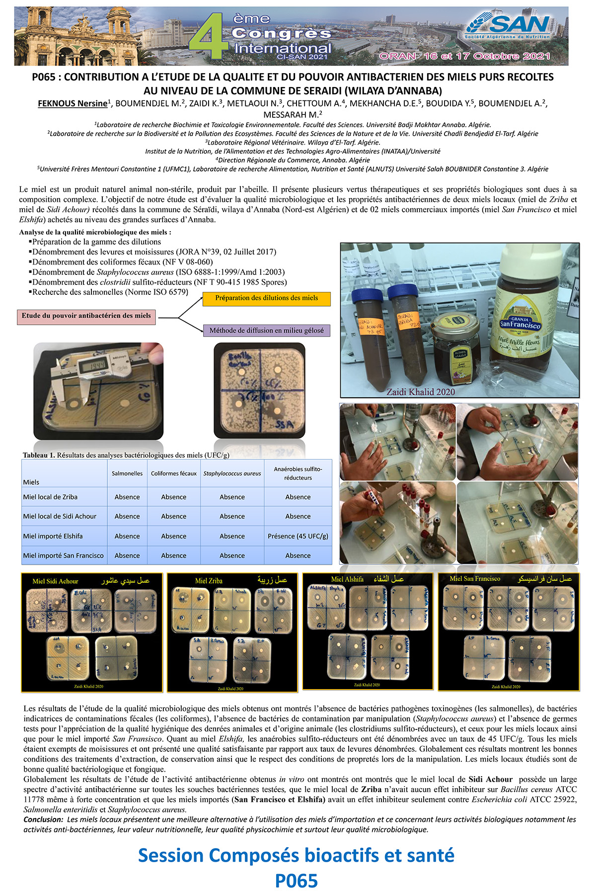 P065 : CONTRIBUTION A L’ETUDE DE LA QUALITE ET DU POUVOIR ANTIBACTERIEN DES MIELS PURS RECOLTES  AU NIVEAU DE LA COMMUNE DE SERAIDI (WILAYA D’ANNABA)