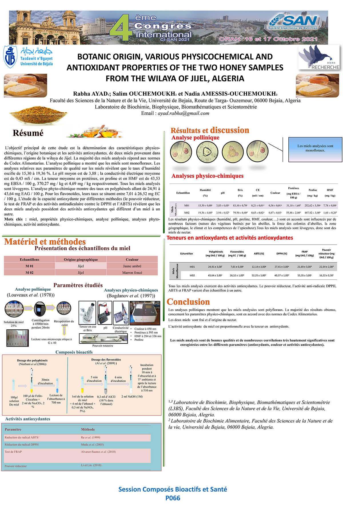 P066 : BOTANIC ORIGIN, VARIOUS PHYSICOCHEMICAL AND  ANTIOXIDANT PROPERTIES OF THE TWO HONEY SAMPLES  FROM THE WILAYA OF JIJEL, ALGERIA