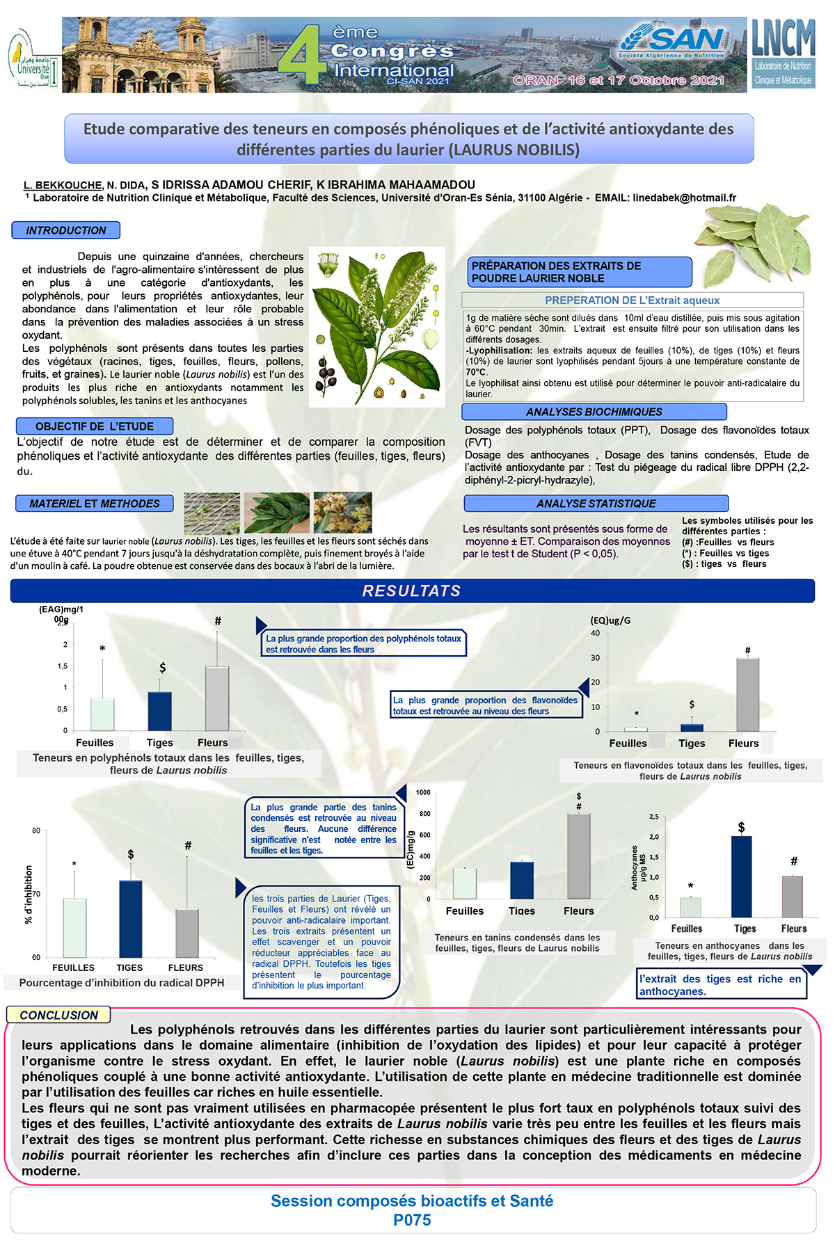 P075 : Etude comparative des teneurs en composés phénoliques et de l’activité antioxydante des différentes parties du laurier (LAURUS NOBILIS)