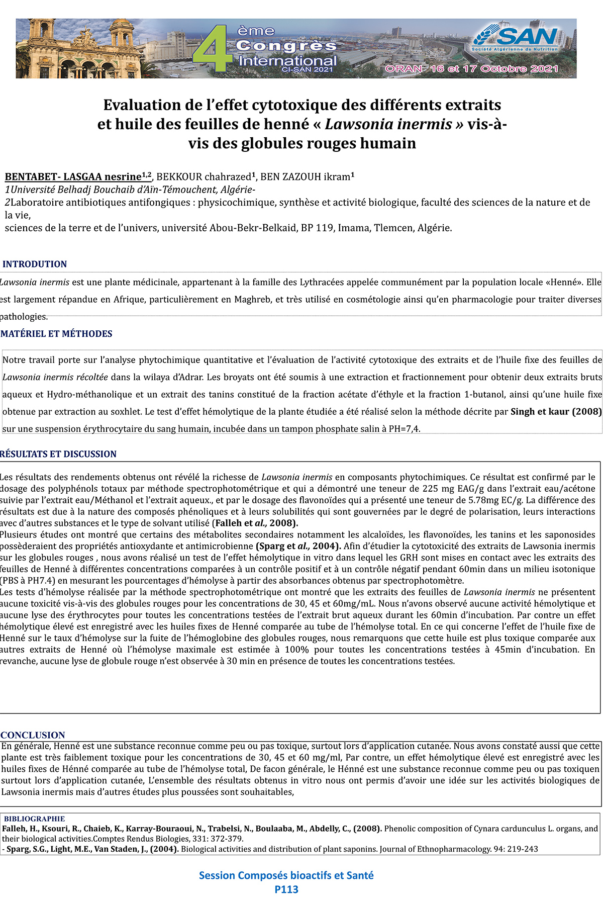 P113 : Evaluation de l’effet cytotoxique des différents extraits  et huile des feuilles de henné « Lawsonia inermis » vis-à-vis des globules rouges humain