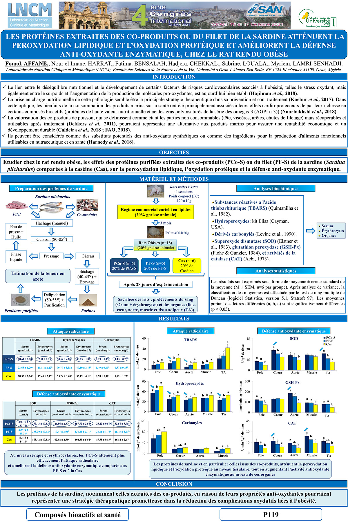 P119 : LES PROTÉINES EXTRAITES DES CO-PRODUITS OU DU FILET DE LA SARDINE ATTÉNUENT LA  PEROXYDATION LIPIDIQUE ET L’OXYDATION PROTÉIQUE ET AMÉLIORENT LA DÉFENSE  ANTI-OXYDANTE ENZYMATIQUE, CHEZ LE RAT RENDU OBÈSE