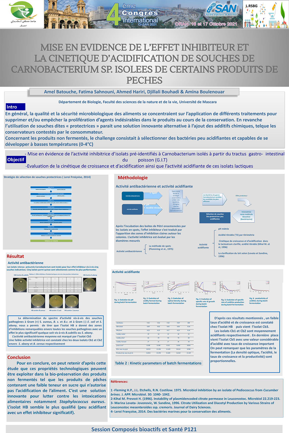 P121 : MISE EN EVIDENCE DE L’EFFET INHIBITEUR ET  LA CINETIQUE D’ACIDIFICATION DE SOUCHES DE  CARNOBACTERIUM SP. ISOLEES DE CERTAINS PRODUITS DE  PECHES