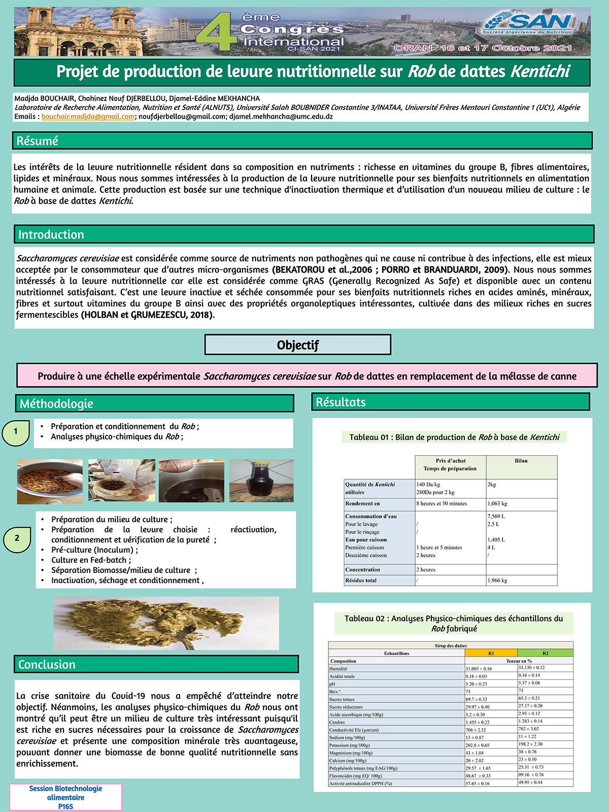 P165 : Projet de production de levure nutritionnelle sur Rob de dattes Kentichi