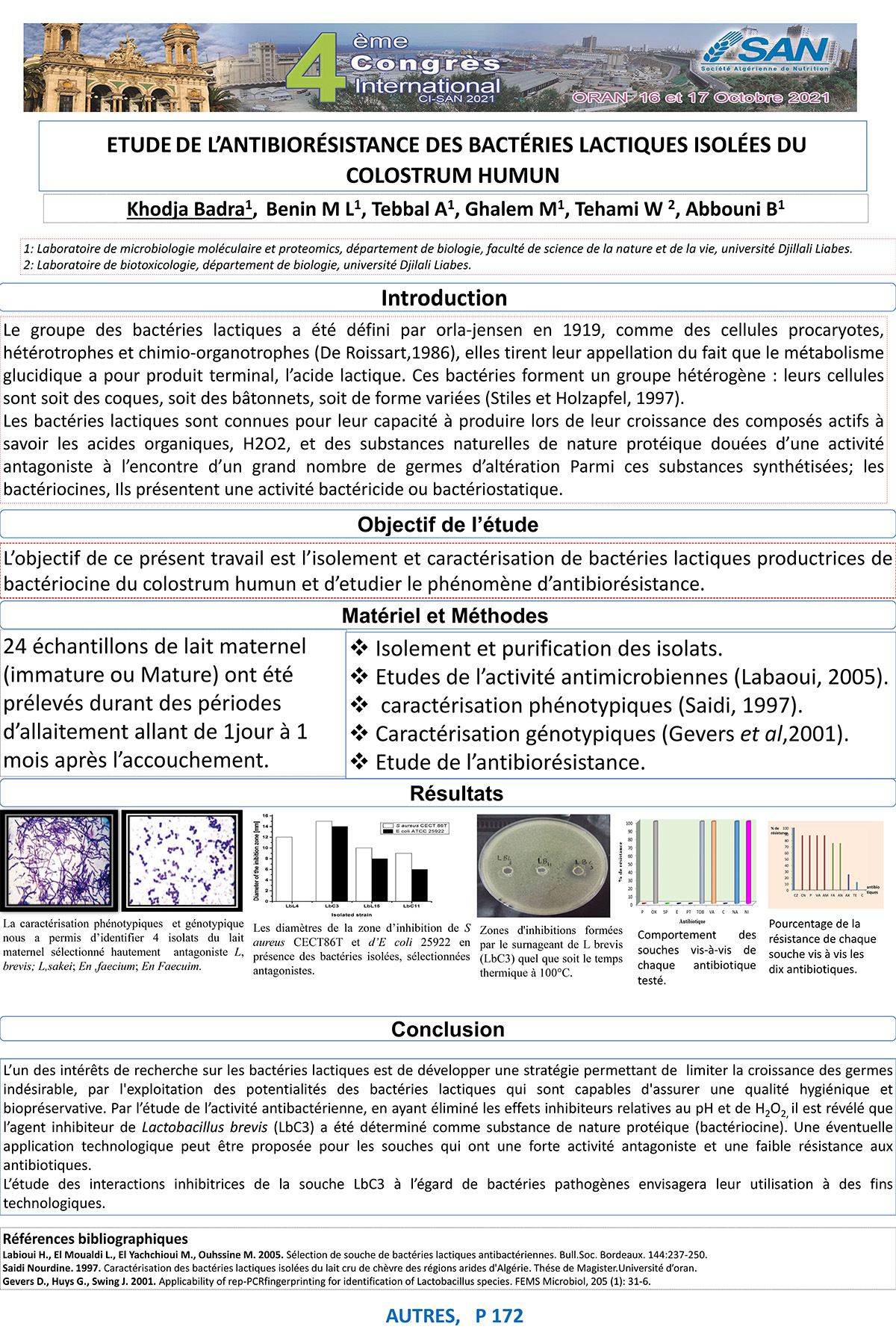 P172 : ETUDEDE L’ANTIBIORÉSISTANCE DES BACTÉRIES LACTIQUES ISOLÉES DU  COLOSTRUM HUMUN