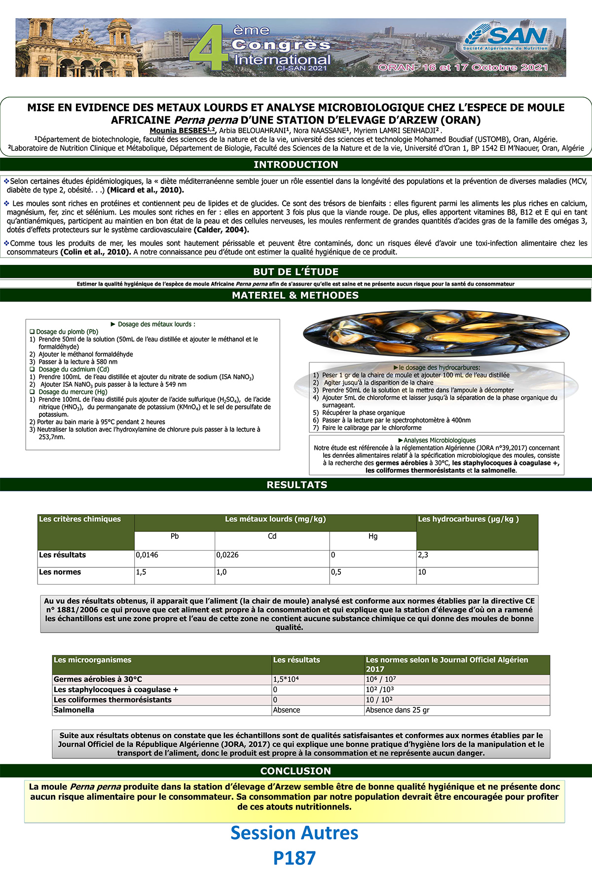 P187 : MISE EN EVIDENCE DES METAUX LOURDS ET ANALYSE MICROBIOLOGIQUE CHEZ L’ESPECE DE MOULE  AFRICAINE Perna perna D’UNE STATION D’ELEVAGE D’ARZEW (ORAN)