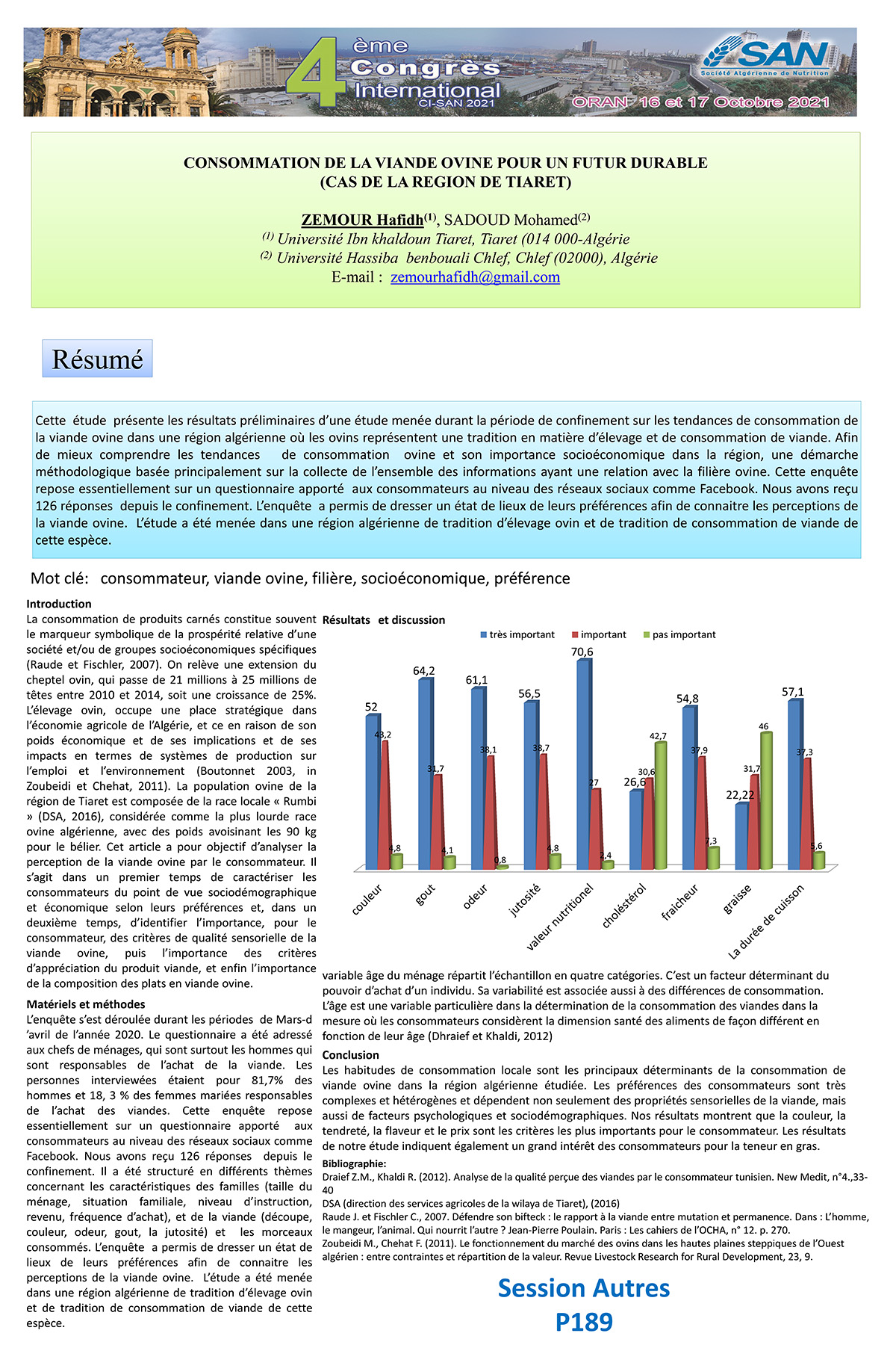 P189 : CONSOMMATION DE LA VIANDE OVINE POUR UN FUTUR DURABLE  (CAS DE LA REGION DE TIARET)