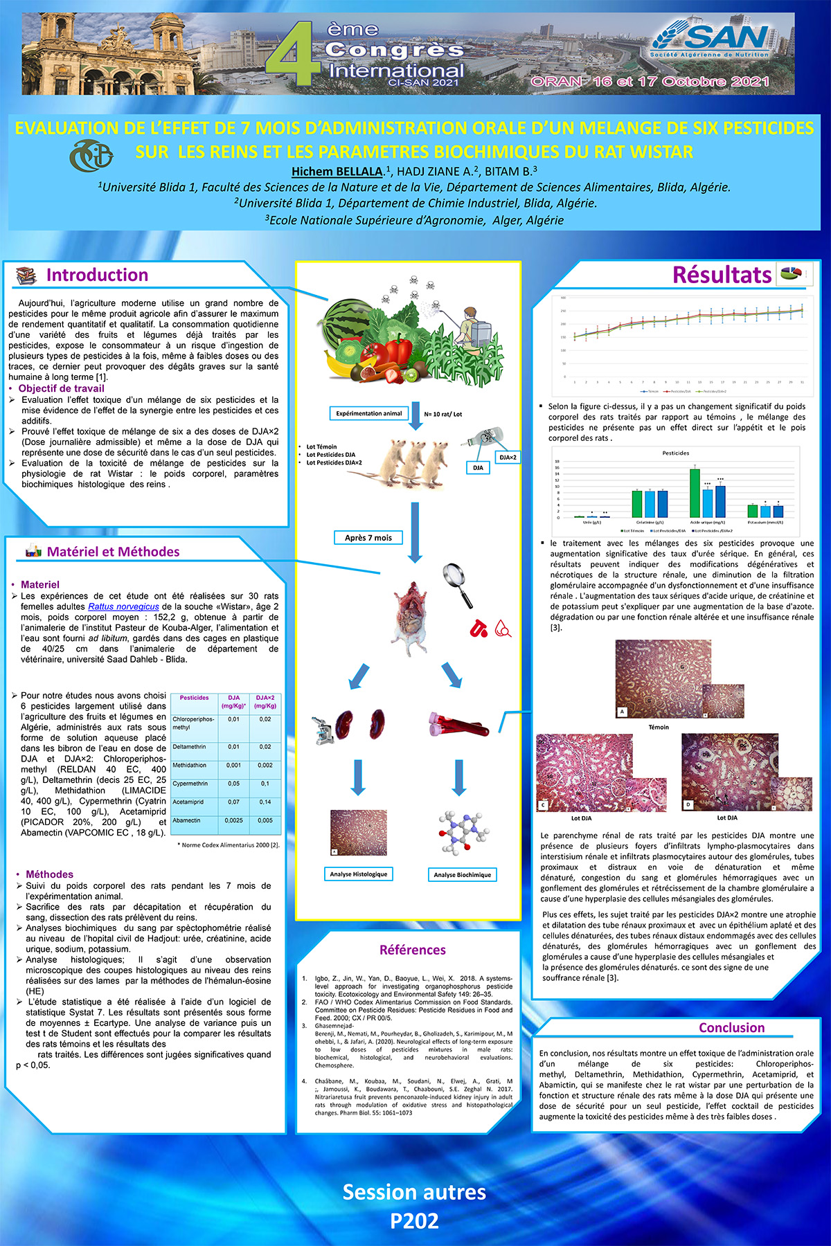 P202 : EVALUATION DE L’EFFET DE 7 MOIS D’ADMINISTRATION ORALE D’UN MELANGE DE SIX PESTICIDES  SUR LES REINS ET LES PARAMETRES BIOCHIMIQUES DU RAT WISTAR