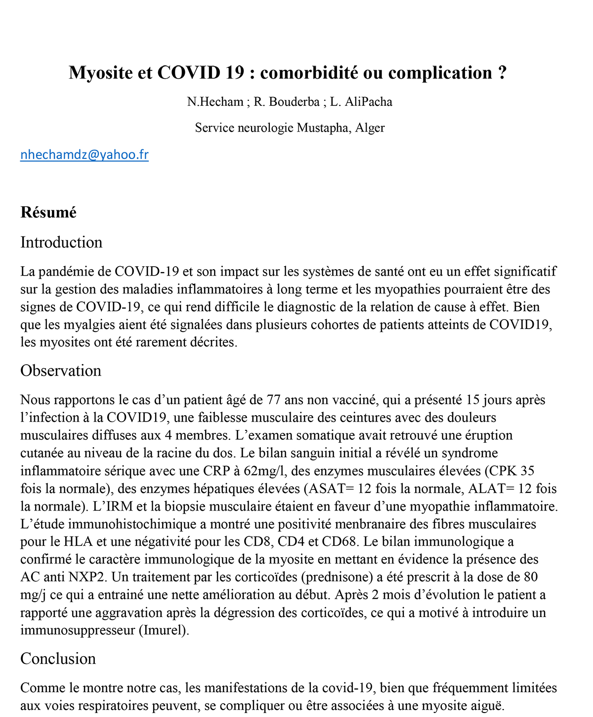 Myosite et COVID 19 : comorbidité ou complication ?