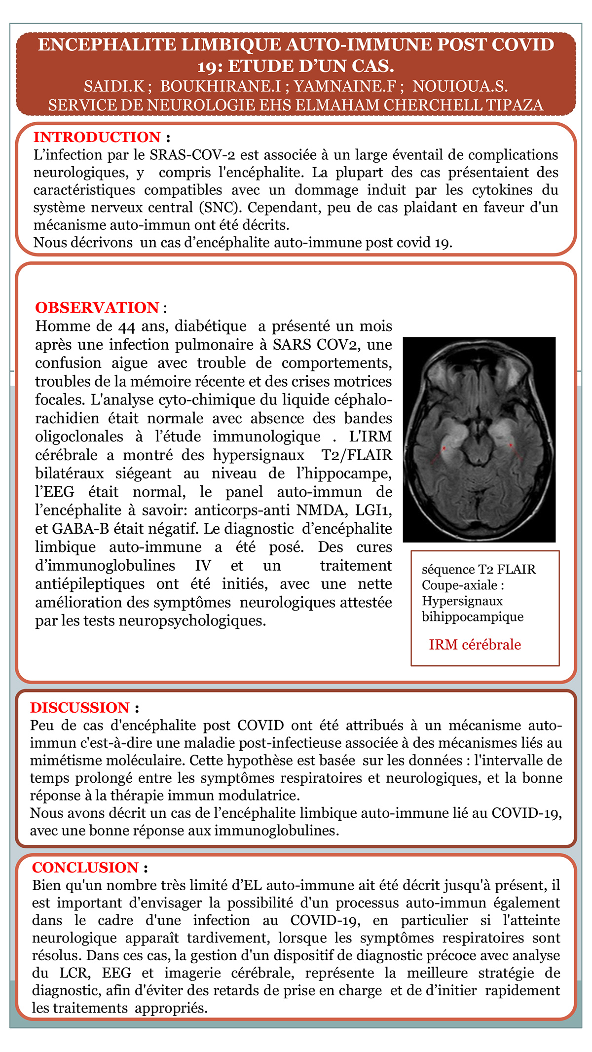 ENCEPHALITE LIMBIQUE AUTO-IMMUNE POST COVID 19: ETUDE D’UN CAS.