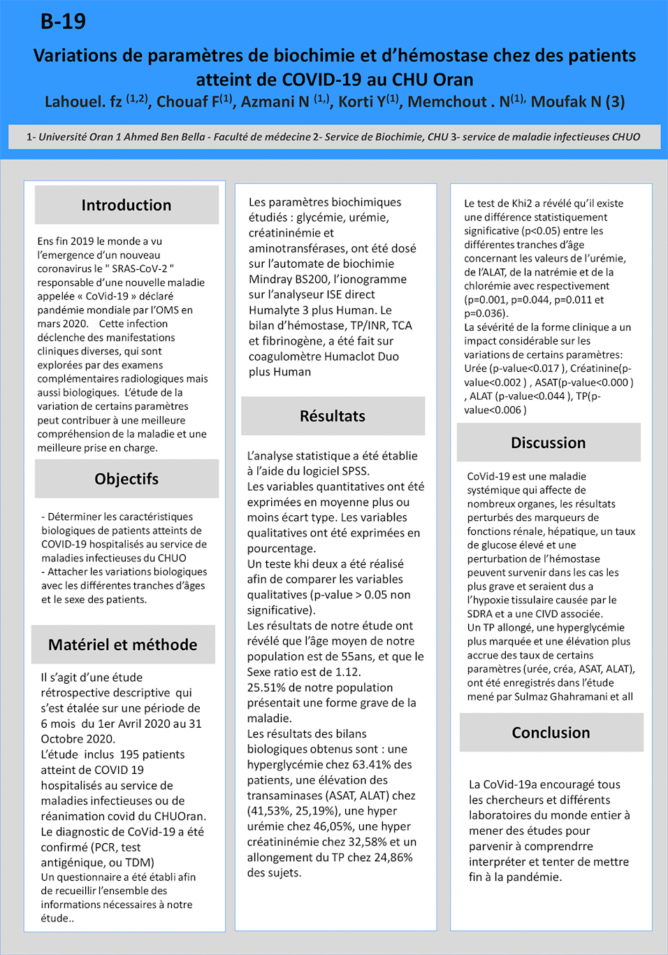 B19: Variations de paramètres de biochimie et d’hémostase chez des patients atteint de COVID-19 au CHU Oran