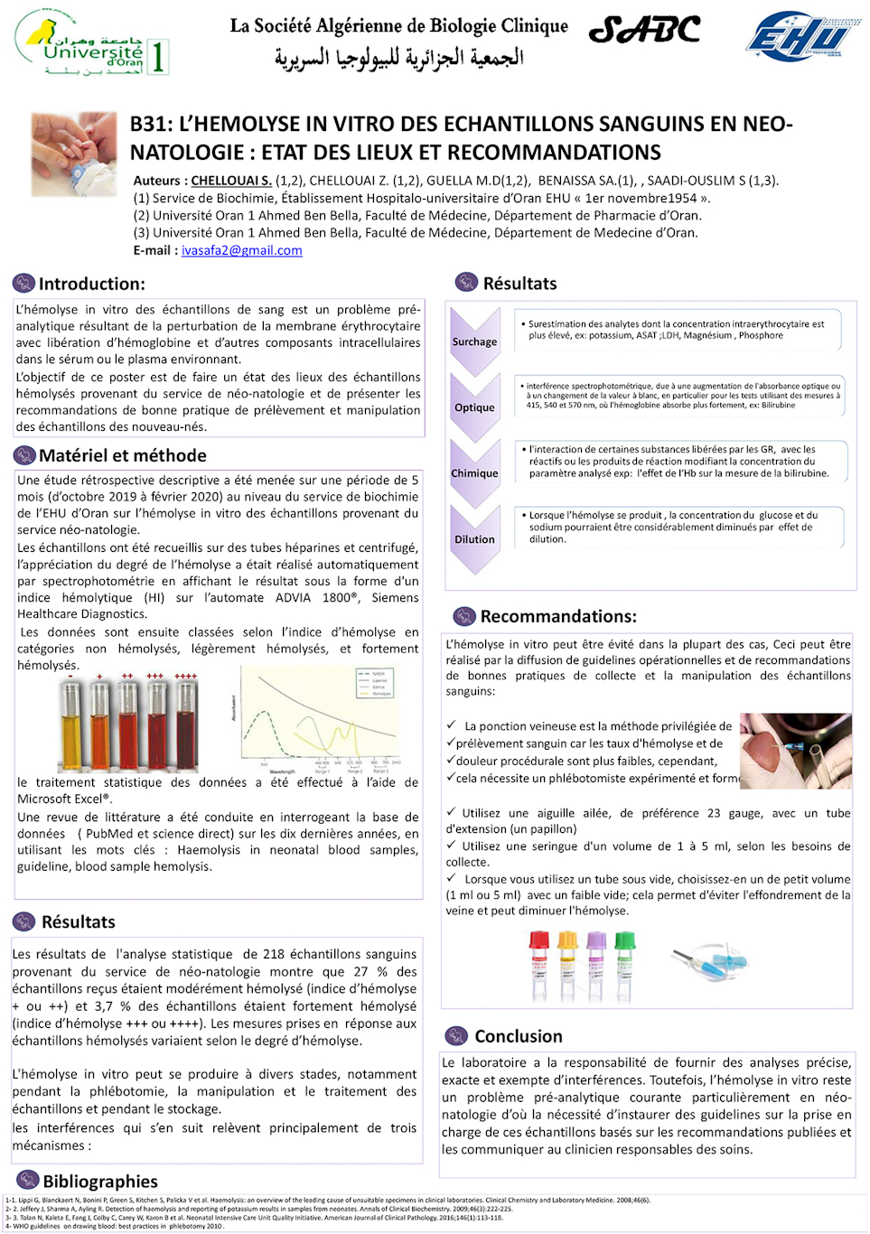 B31: L’HEMOLYSE IN VITRO DES ECHANTILLONS SANGUINS EN NEO-NATOLOGIE : ETAT DES LIEUX ET RECOMMANDATIONS