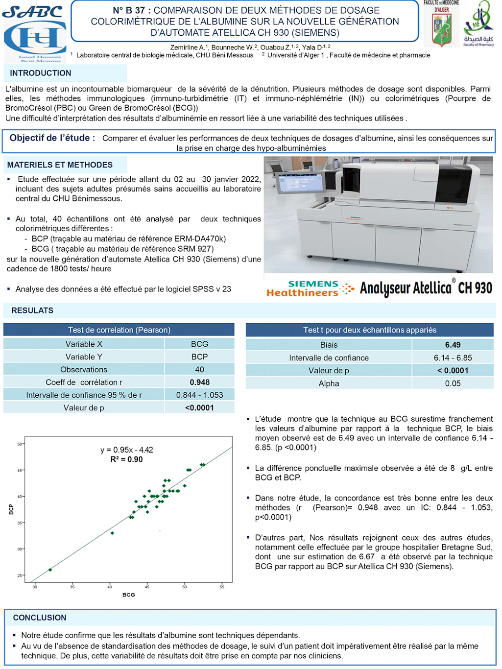 B37: COMPARAISON DE DEUX MÉTHODES DE DOSAGE COLORIMÉTRIQUE DE L’ALBUMINE SUR LA NOUVELLE GÉNÉRATION D’AUTOMATE ATELLICA CH 930 (SIEMENS)