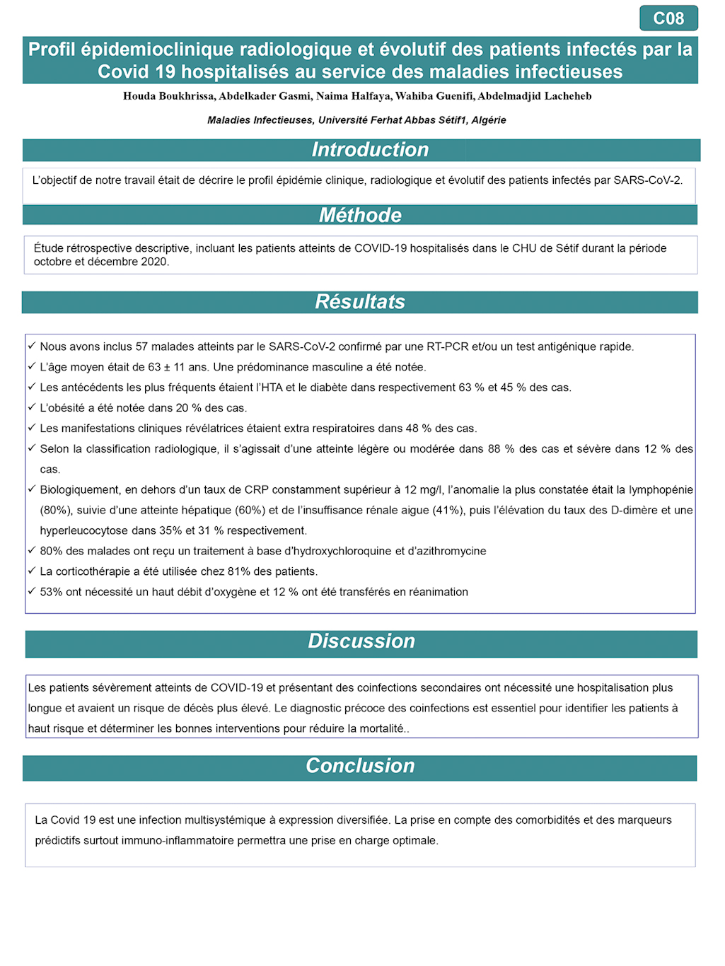 C08: Profil épidemioclinique radiologique et évolutif des patients infectés par la Covid 19 hospitalisés au service des maladies infectieuses