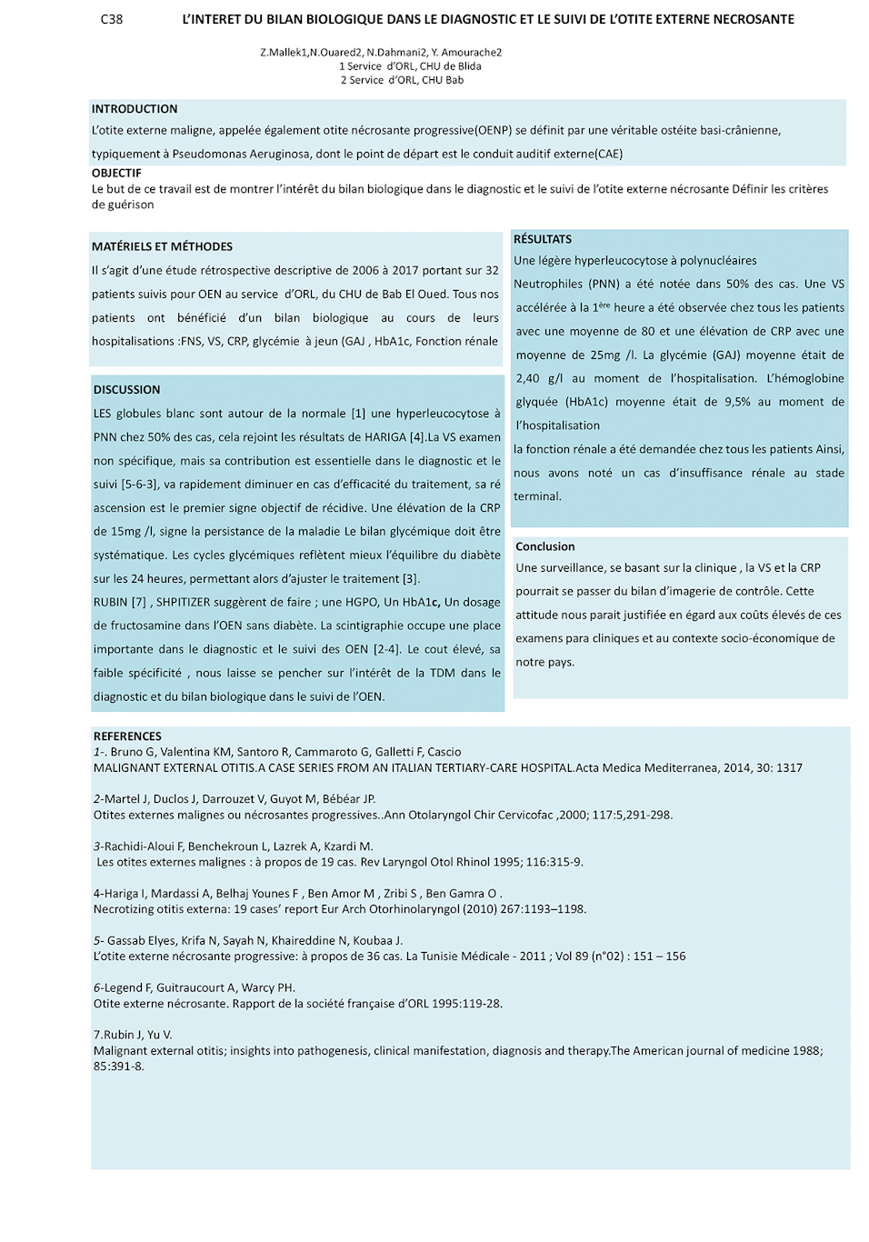 C38: L’INTERET DU BILAN BIOLOGIQUE DANS LE DIAGNOSTIC ET LE SUIVI DE L’OTITE EXTERNE NECROSANTE