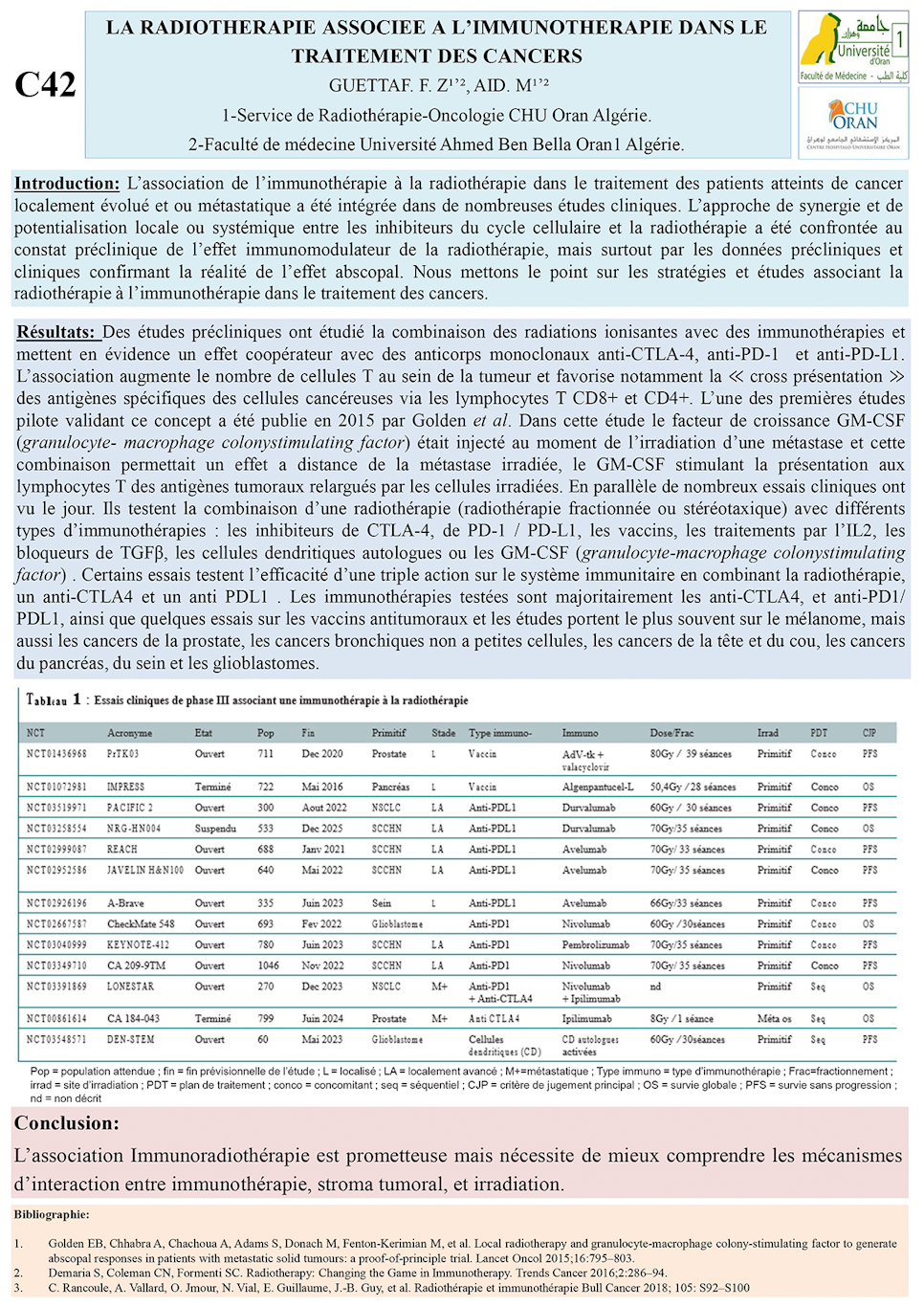 C42: LA RADIOTHERAPIE ASSOCIEE A L’IMMUNOTHERAPIE DANS LE TRAITEMENT DES CANCERS