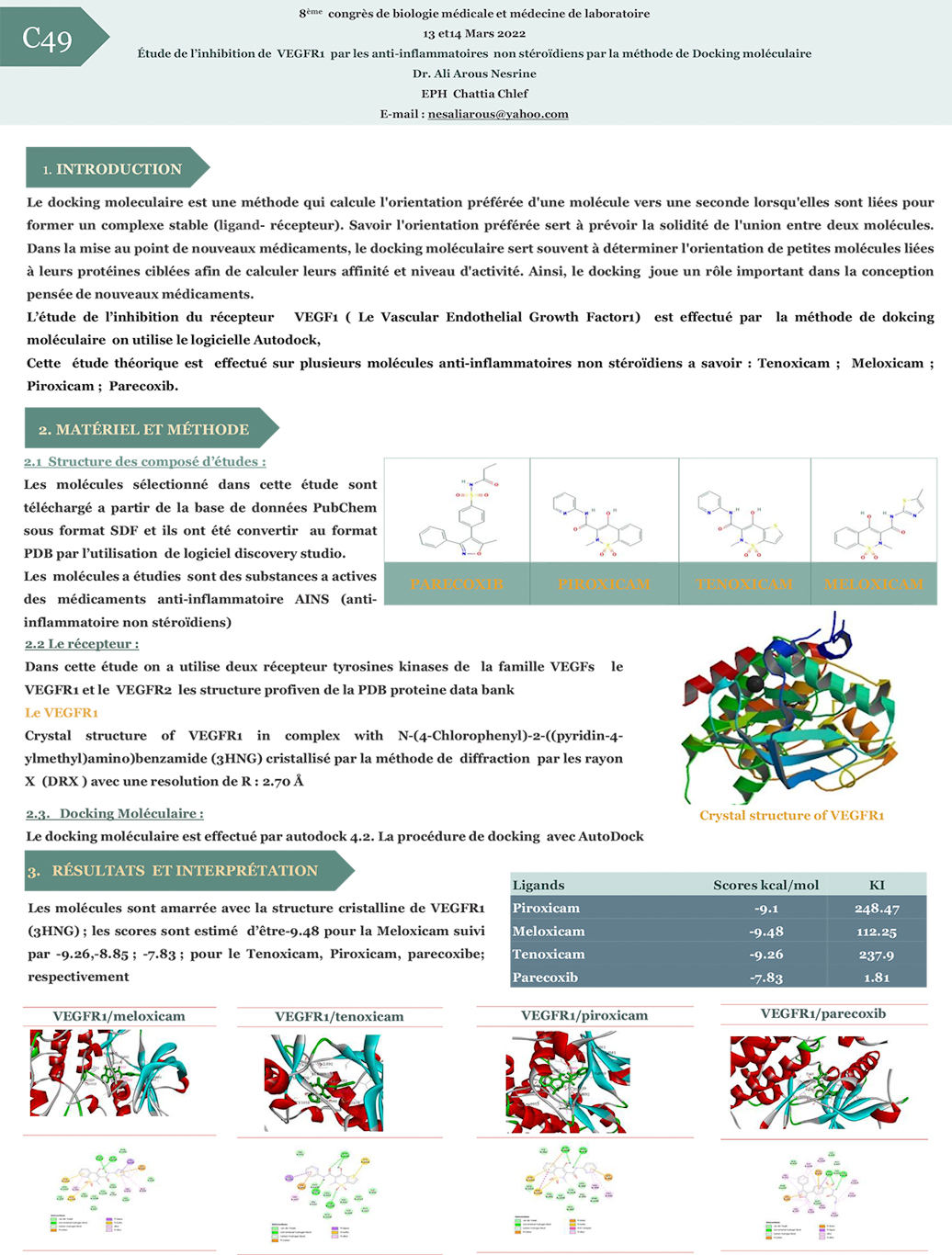 C49: Étude de l’inhibition de  VEGFR1  par les anti-inflammatoires  non stéroïdiens par la méthode de Docking moléculaire