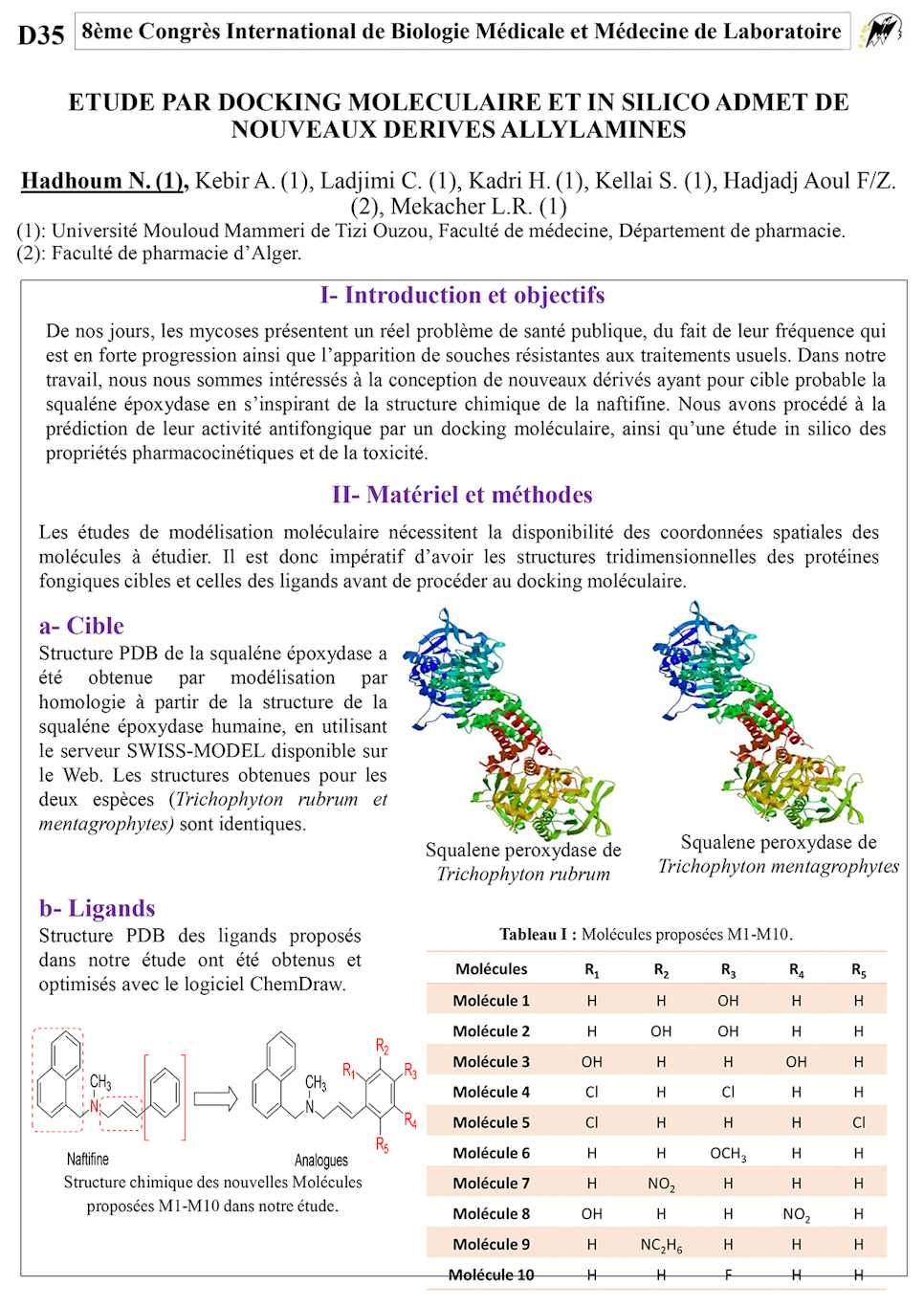 D35: ETUDE PAR DOCKING MOLECULAIRE ET IN SILICO ADMET DE NOUVEAUX DERIVES ALLYLAMINES