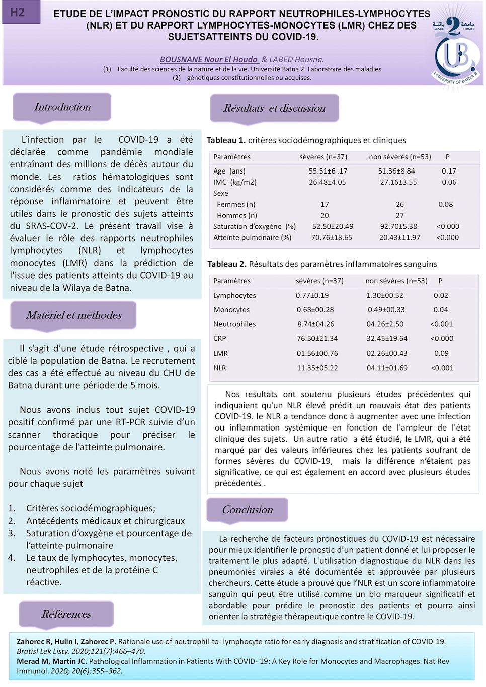 H02: ETUDE DE L’IMPACT PRONOSTIC DU RAPPORT NEUTROPHILES-LYMPHOCYTES (NLR) ET DU RAPPORT LYMPHOCYTES-MONOCYTES (LMR) CHEZ DES  SUJETSATTEINTS DU COVID-19.