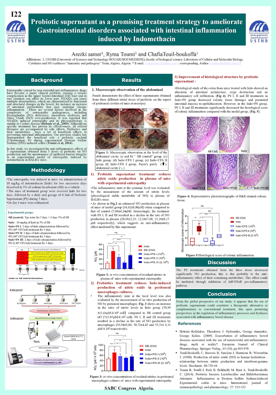 I22: Probiotic supernatant as a promising treatment strategy to ameliorate  Gastrointestinal disorders associated with intestinal inflammation induced by Indomethacin