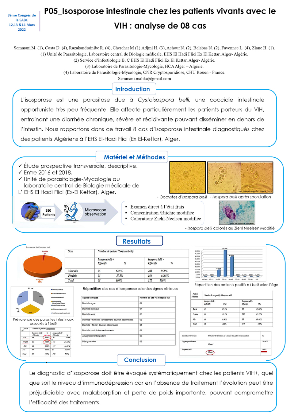 P05: Isosporose intestinale chez les patients vivants avec le VIH : analyse de 08 cas