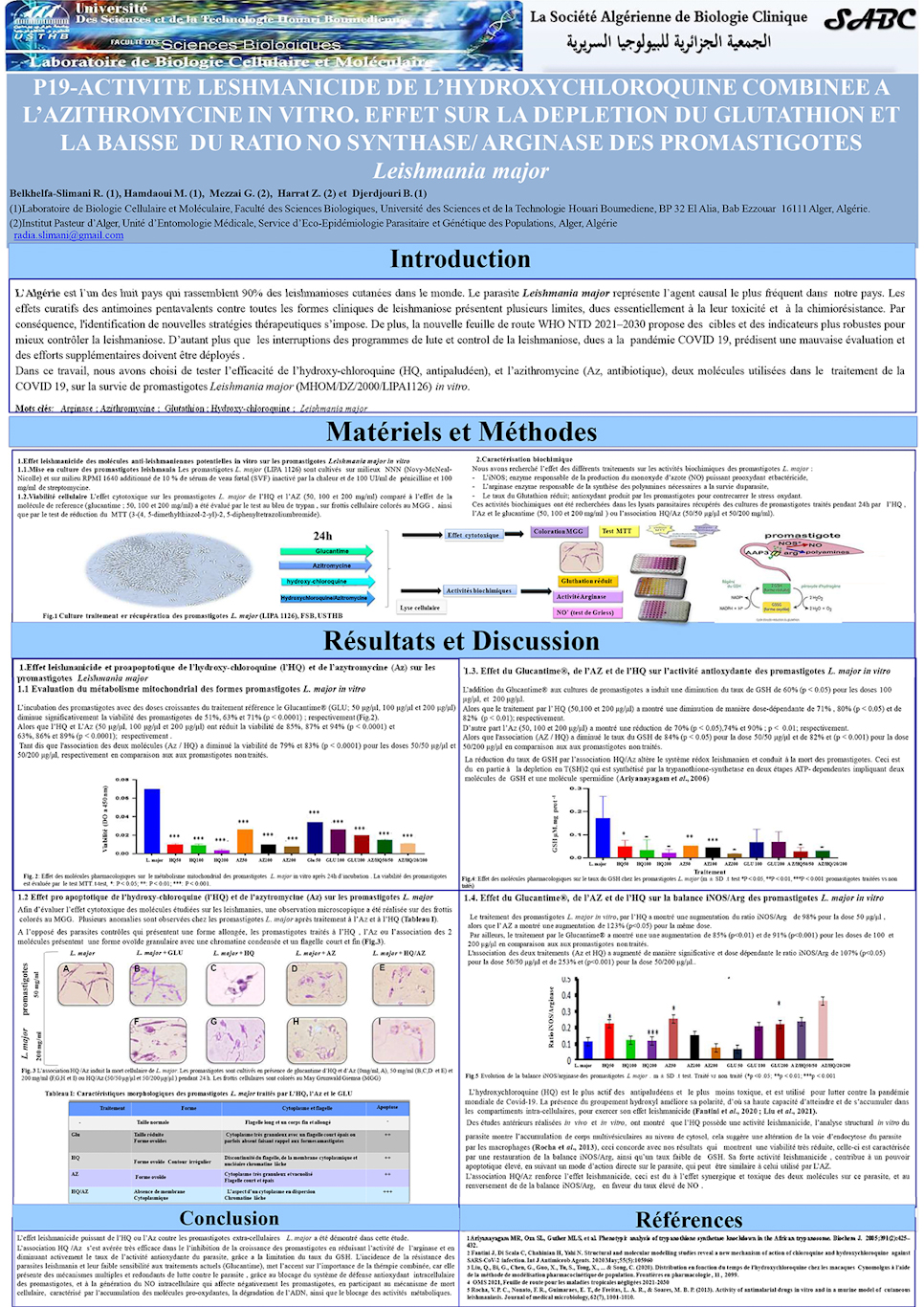 P19: ACTIVITE LESHMANICIDE DE L’HYDROXYCHLOROQUINE COMBINEE A  L’AZITHROMYCINE IN VITRO. EFFET SUR LA DEPLETION DU GLUTATHION ET LA BAISSE  DU RATIO NO SYNTHASE/ ARGINASE DES PROMASTIGOTES Leishmania major