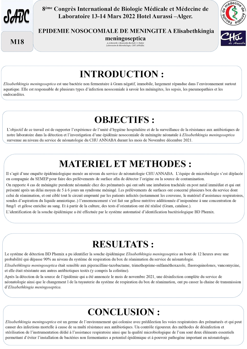 M18: EPIDEMIE NOSOCOMIALE DE MENINGITE A Elisabethkingia meningoseptica