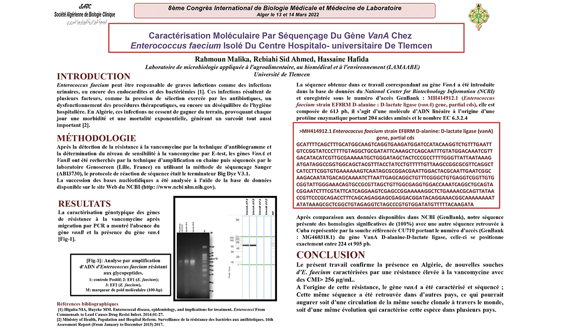M20: Caractérisation Moléculaire Par Séquençage Du Gène VanA Chez Enterococcus faecium Isolé Du Centre Hospitalo- universitaire De Tlemcen