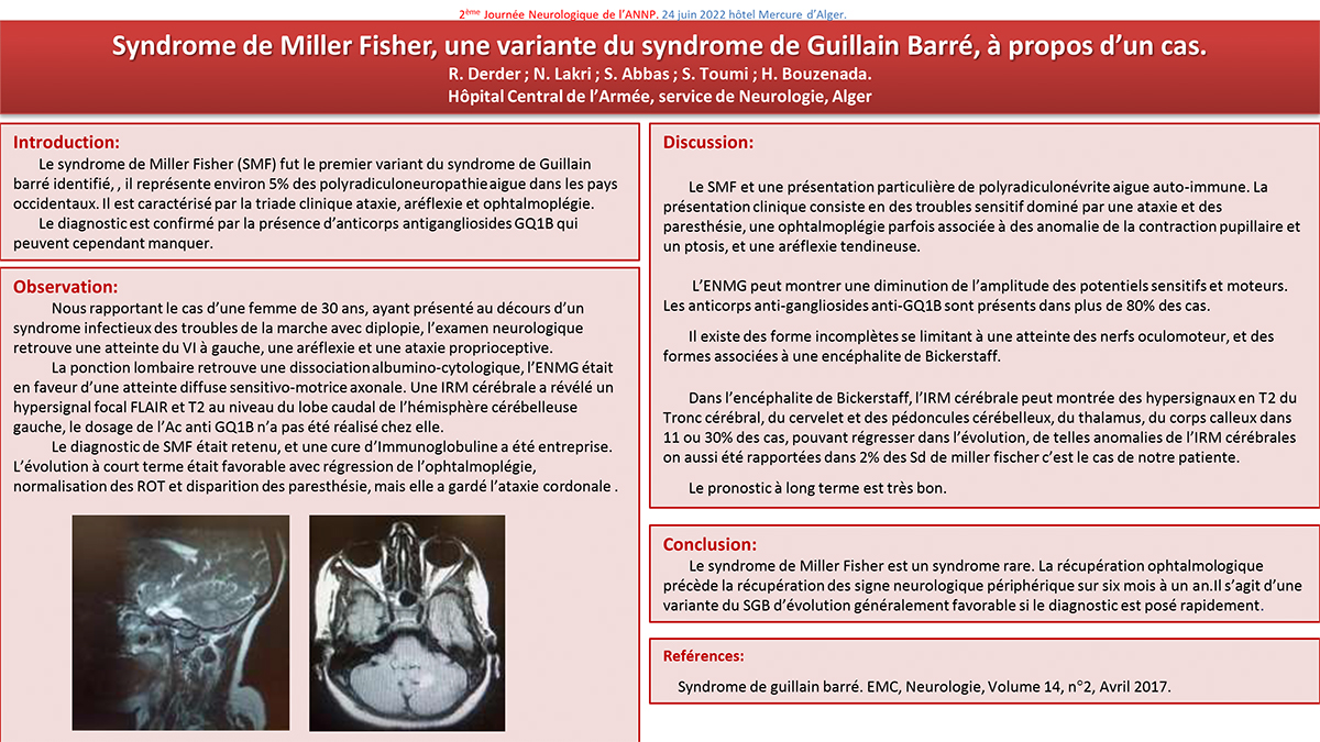 NV-11 Syndrome de Miller Fisher, une variante du syndrome de Guillain Barré, à propos d’un cas.