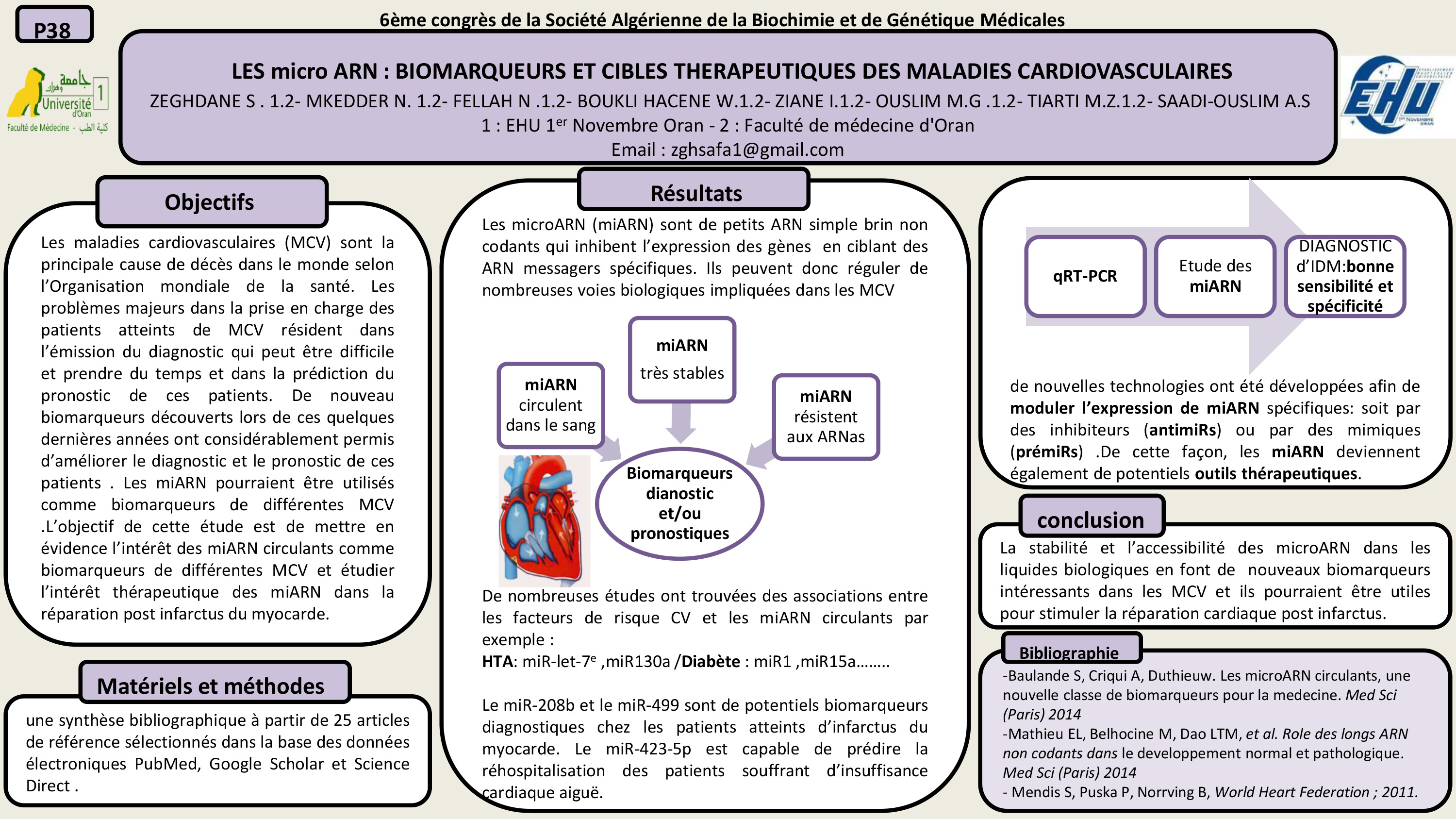 CARDIOVASCULAIRE :P38 - LES micro ARN : BIOMARQUEURS ET CIBLES THERAPEUTIQUES DES MALADIES CARDIOVASCULAIRES