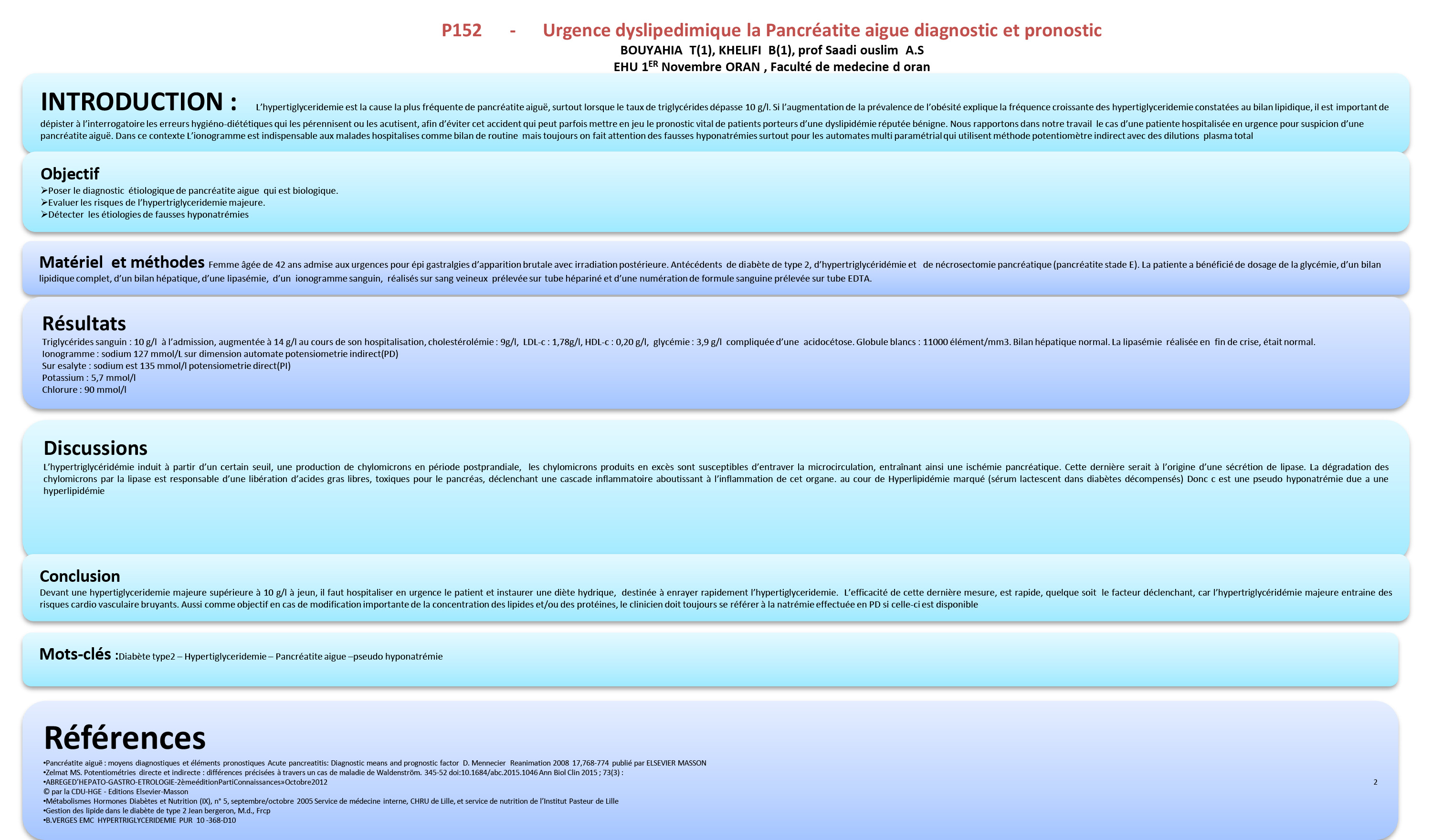 DIVERS : P152- Urgence dyslipedimique la Pancréatite aigue diagnostic et pronost