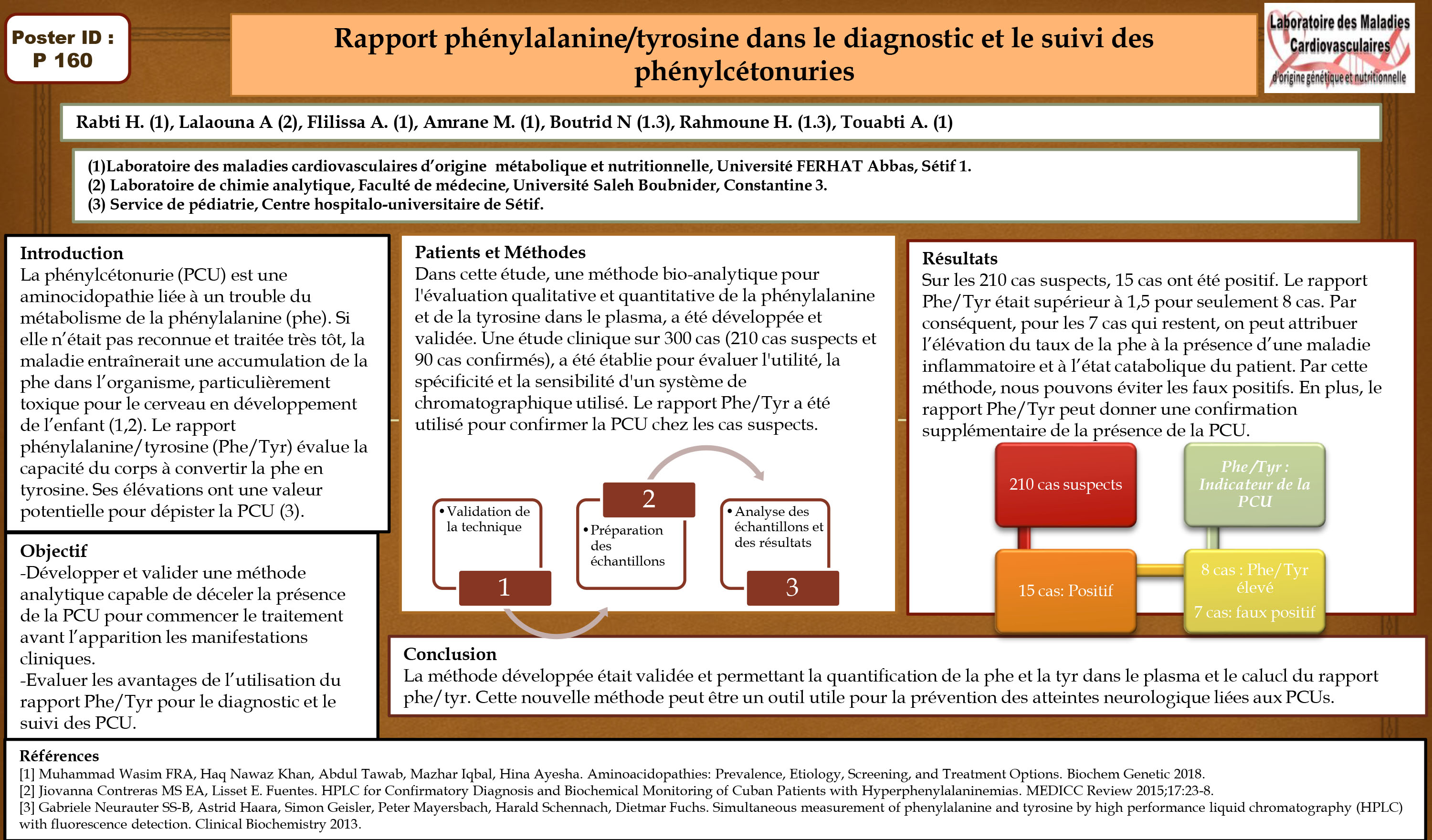 DIVERS : P160- Rapport phénylalanine/tyrosine dans le diagnostic et le suivi des  phénylcétonuries