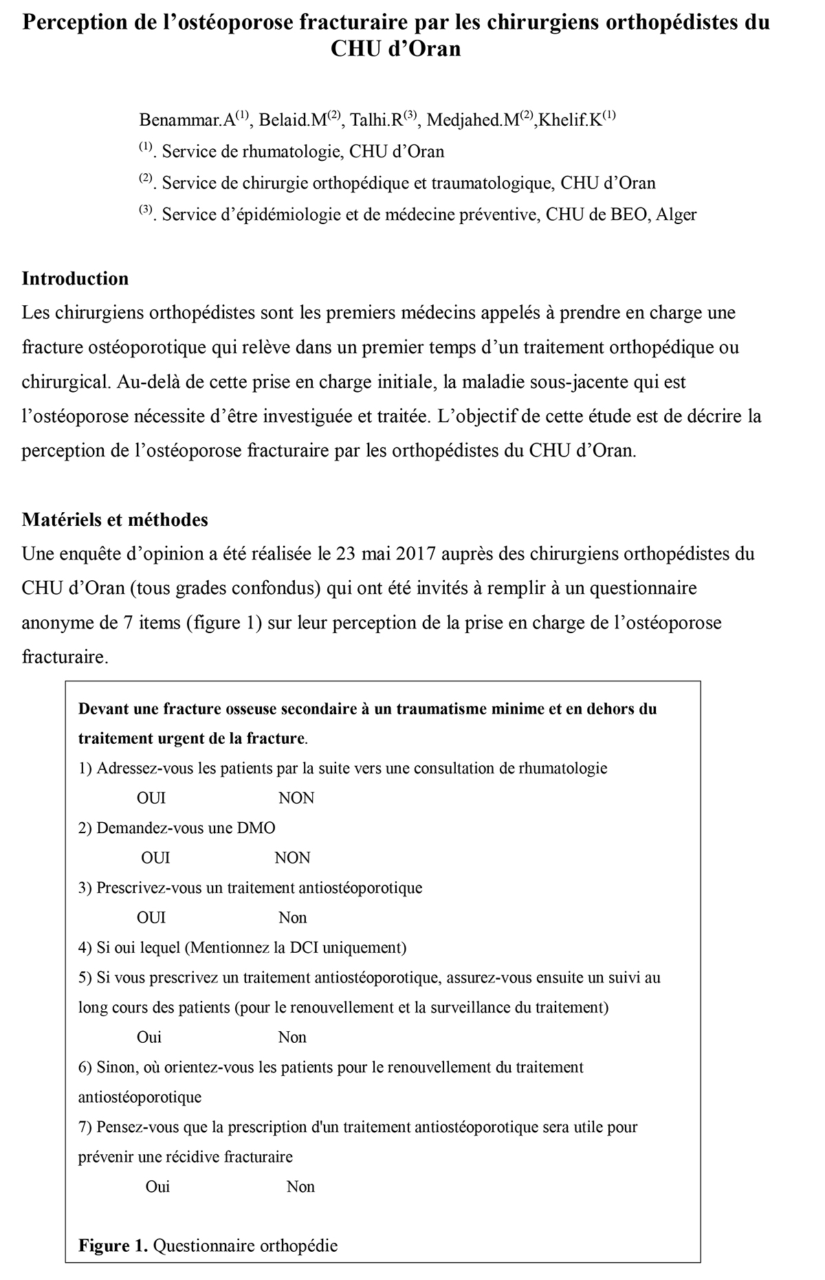 Perception de l’ostéoporose fracturaire par les chirurgiens orthopédistes du  CHU d’Oran