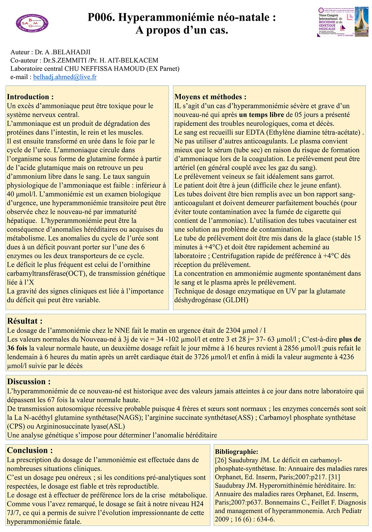 P6 : Hyperammoniémie néo-natale : A propos d’un cas.