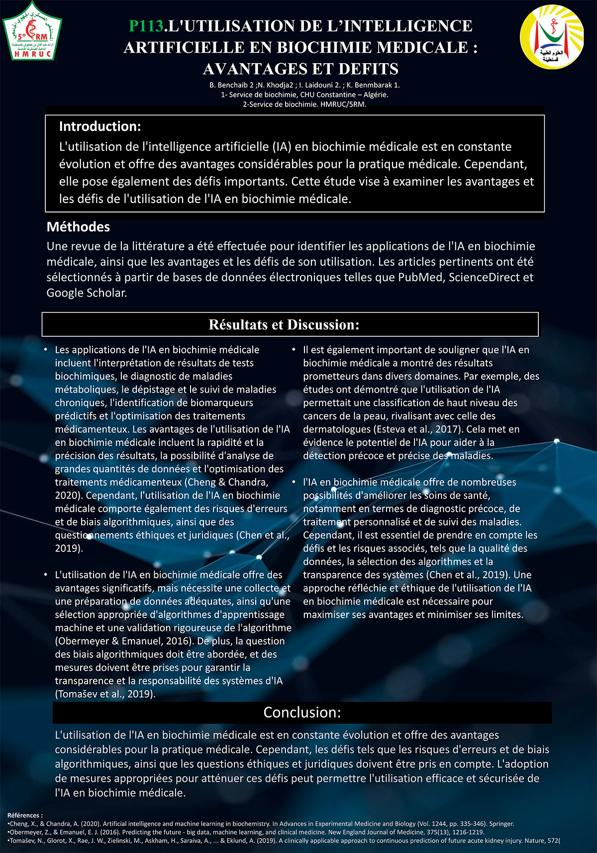 P113 : L'UTILISATION DE L’INTELLIGENCE ARTIFICIELLE EN BIOCHIMIE MEDICALE : AVANTAGES ET DEFITS