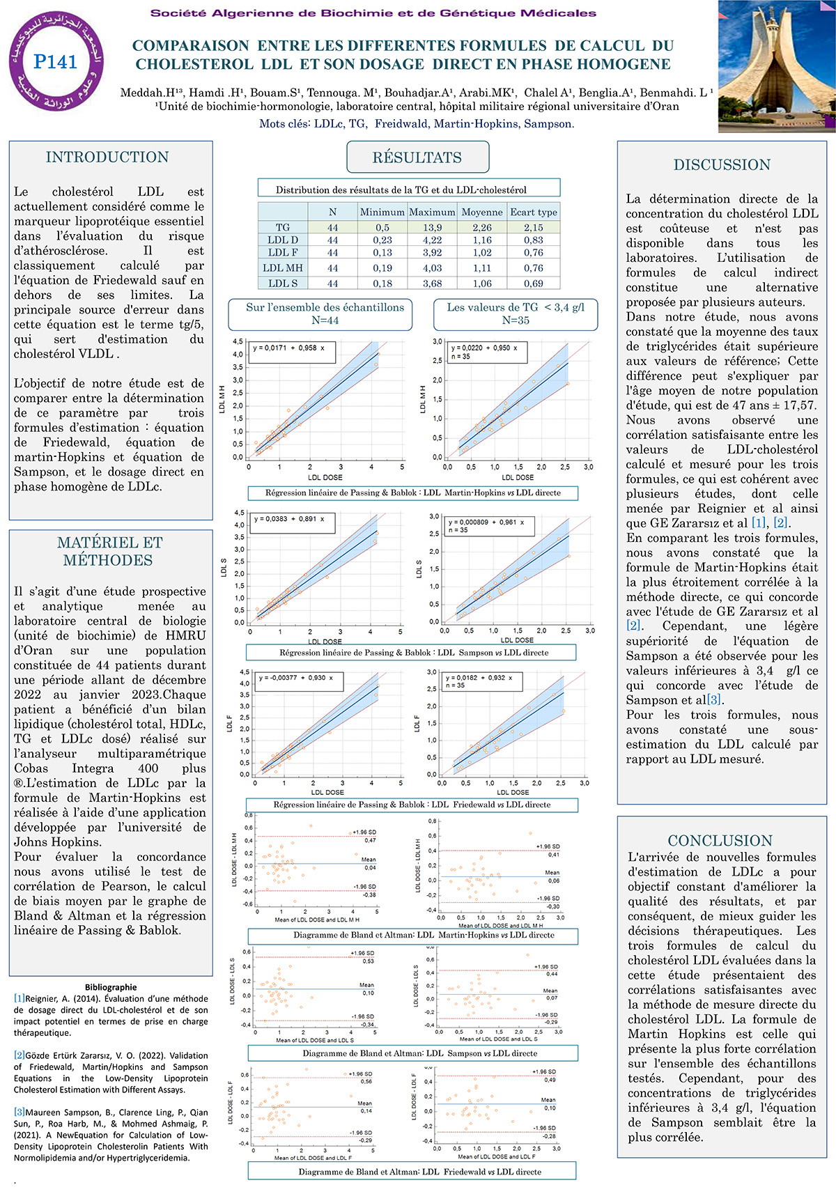 P141 : COMPARAISON  ENTRE LES DIFFERENTES FORMULES  DE CALCUL  DU CHOLESTEROL  LDLET SON DOSAGE  DIRECT EN PHASE HOMOGENE